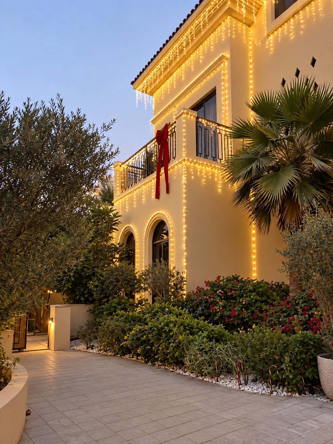Two-storey villa at dusk outlined in warm string lights along the eaves, balcony and arched windows, with a large red bow on the balcony railing and a palm beside the drive