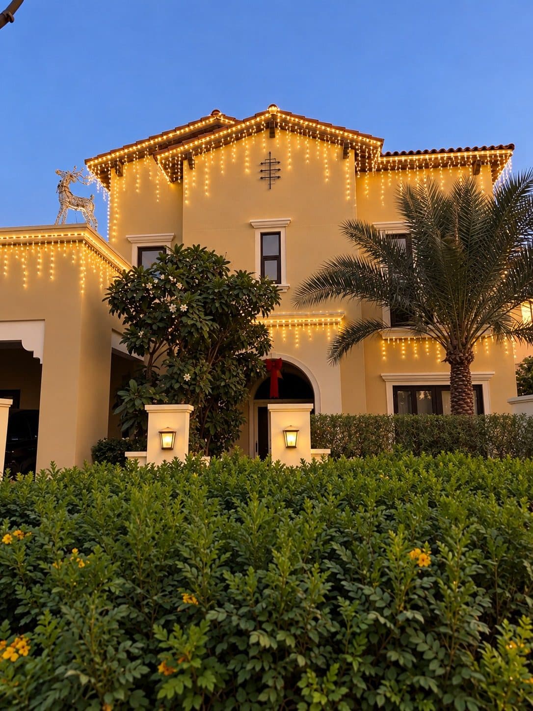 Villa façade with warm icicle lights along every roofline, a lit wire reindeer on the roof and a date palm in front, against a blue evening sky